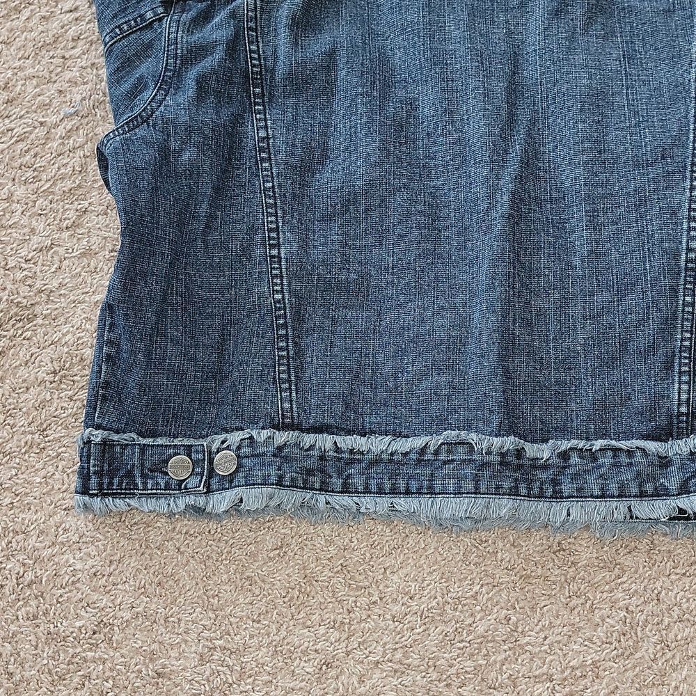 Harley-Davidson HD Denim Jacket Frayed Raw Edges Logo Moto Hippie Y2K Rare XL - Picture 11 of 13